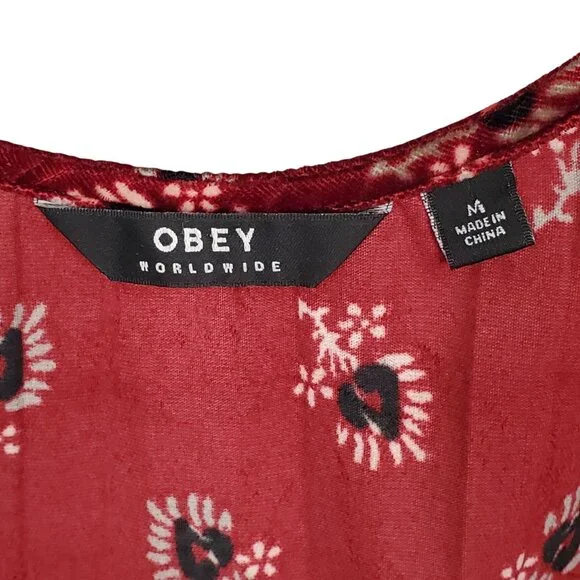 Obey Size M Dress Rouge Mini Floral Crinkle Velvet Button Front Ox Blood Red - Picture 4 of 12